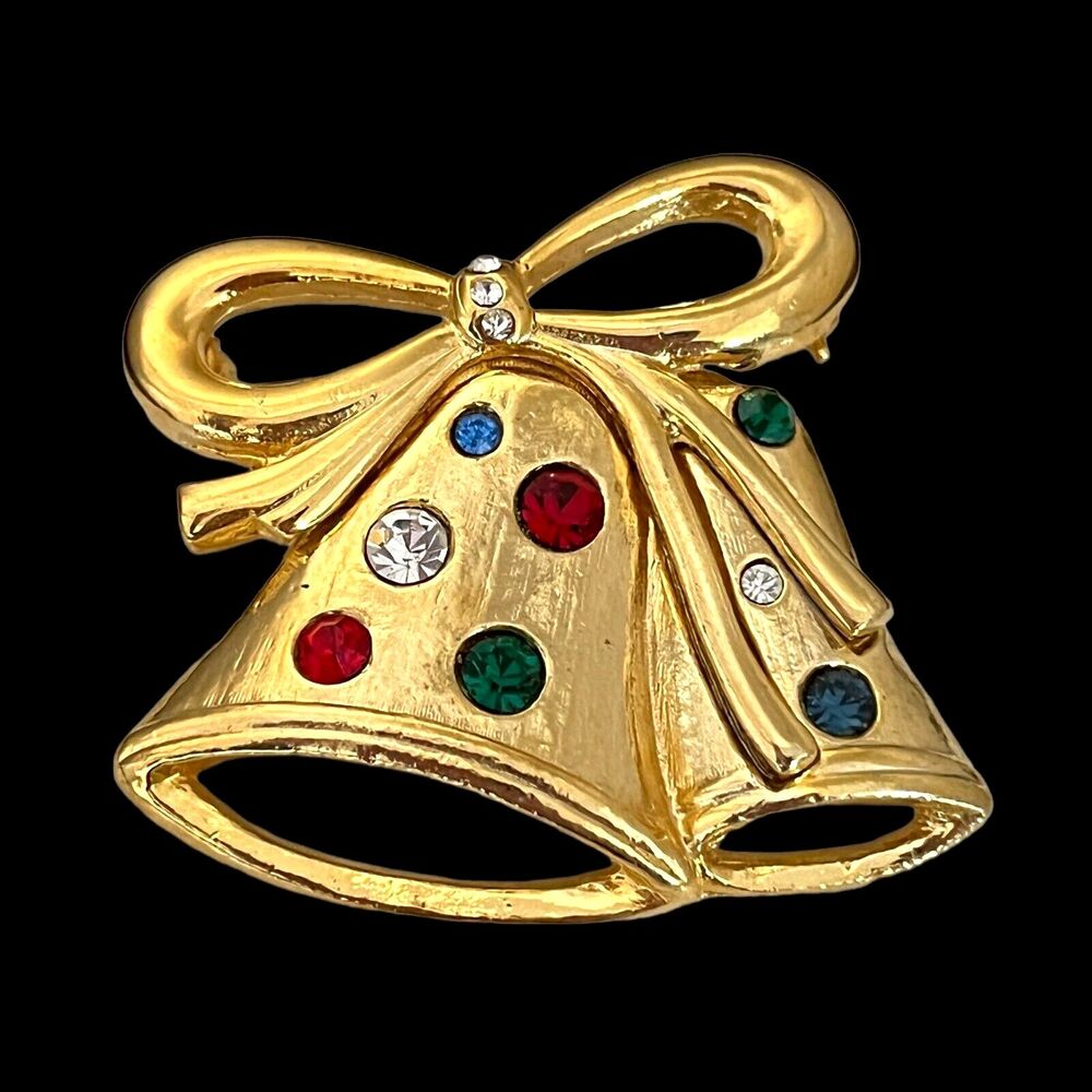 Vintage 1980s Christmas Bells Brooch Gold Tone Crystal Holiday Pin - 12S